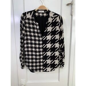 SANDRO Paris Silk Houndstooth Colorblock Office Blouse Black and White / Size S